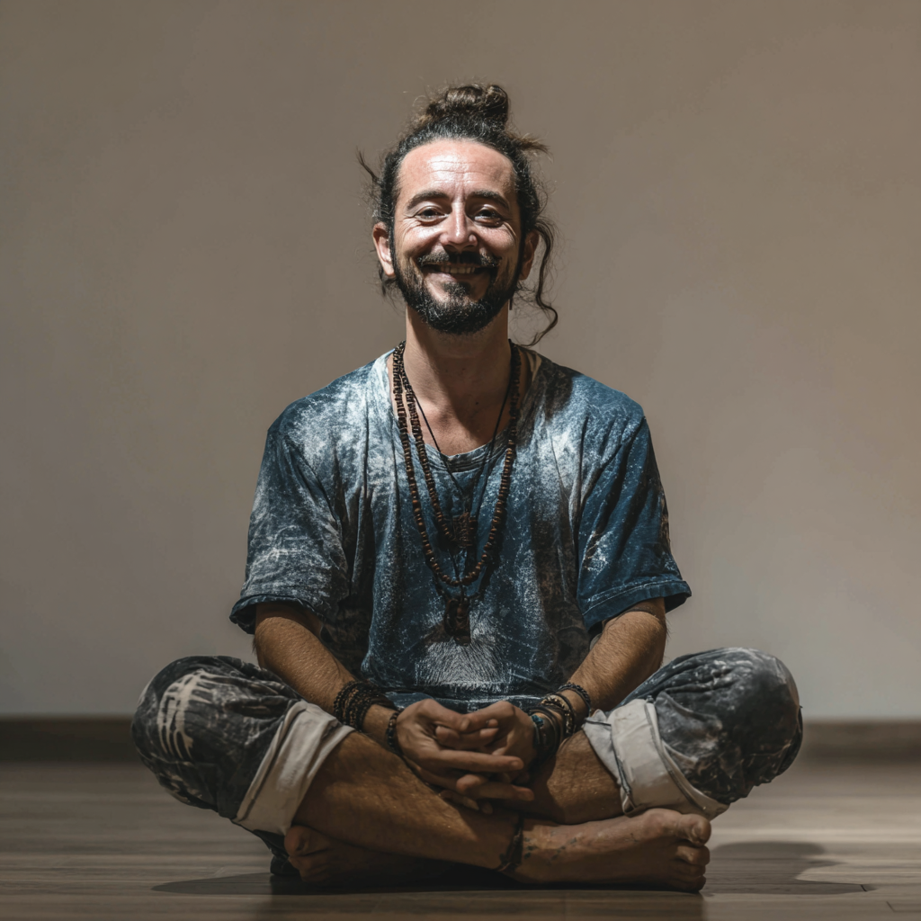 Femeie româncă zâmbitoare într-o poziție de meditație liniștită, reprezentând pacea interioară și concentrarea